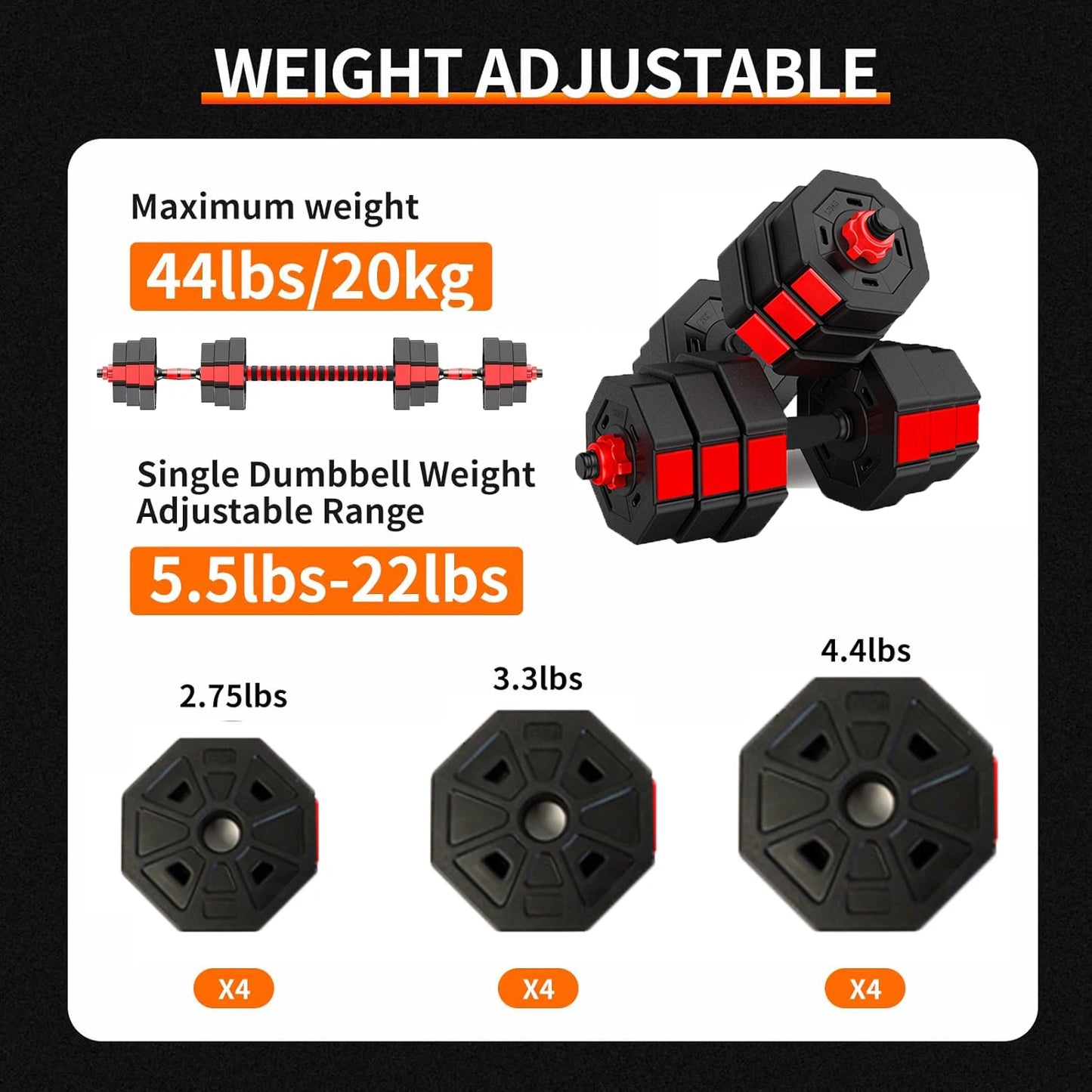 Adjustable Dumbbell to Barbell Fitness Set – 44lbs Anti-Slip Grip, 3-in-1