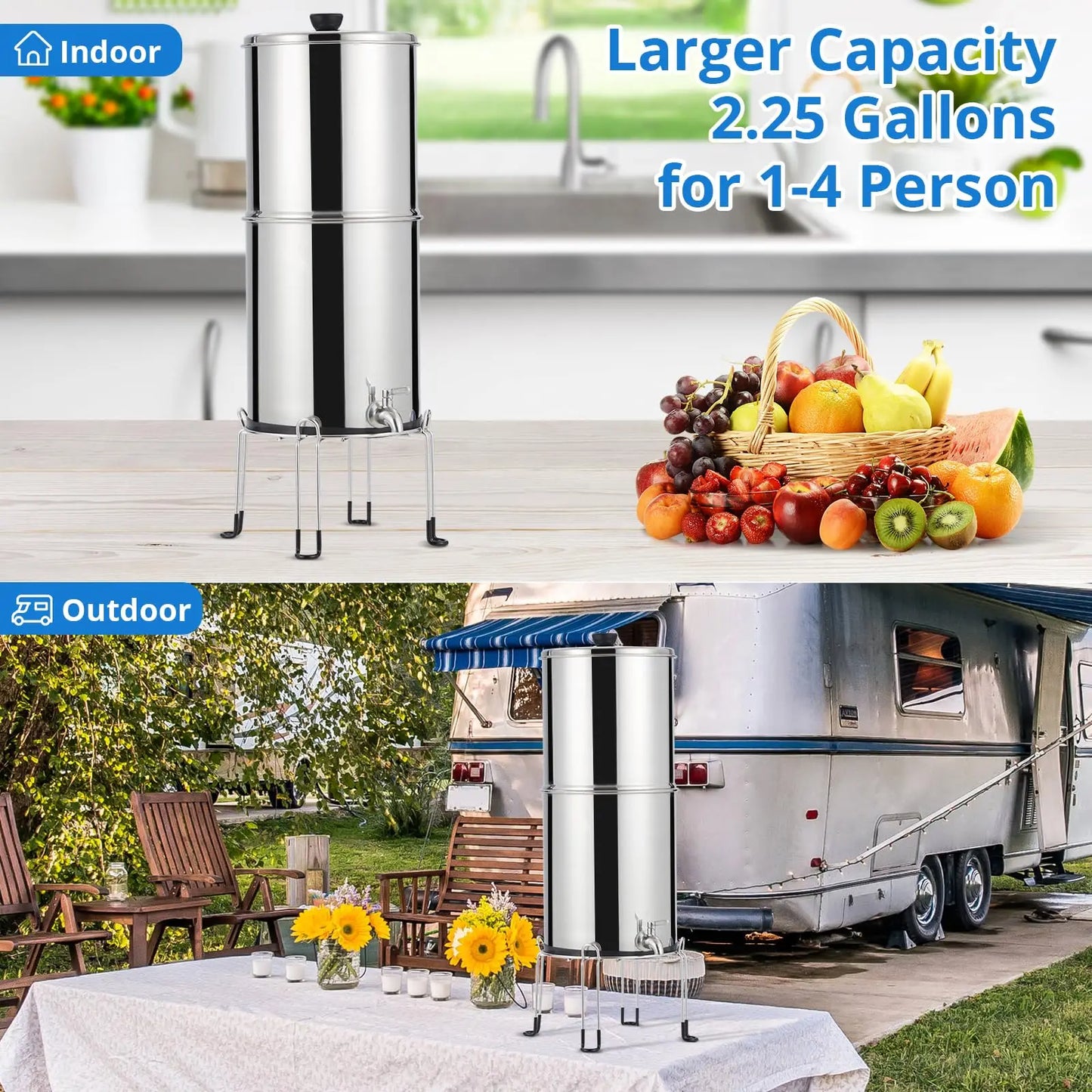 Water Filter System Stainless Steel with 2 Black Carbon Filters, Chlorine and Lead Reduction, 2.25Gallon