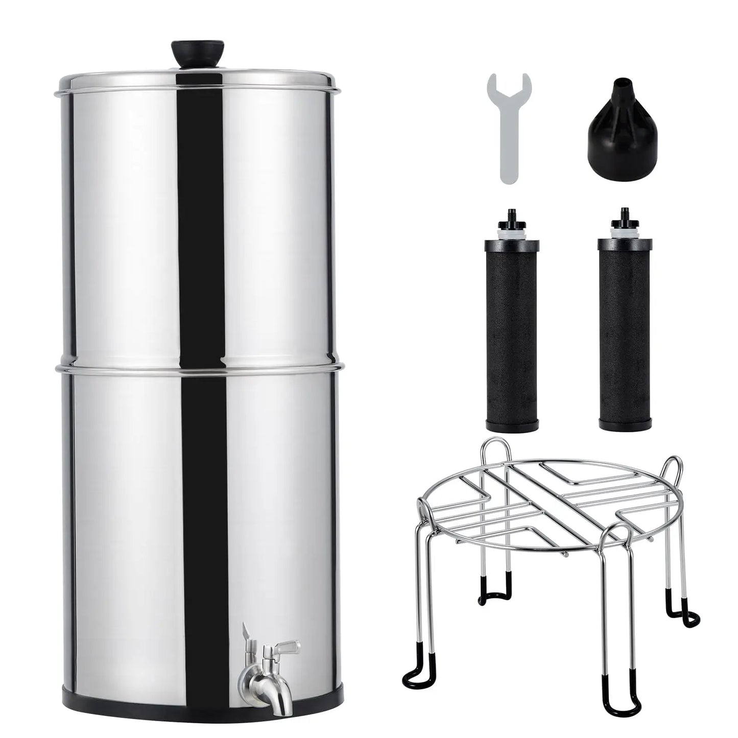 Water Filter System Stainless Steel with 2 Black Carbon Filters, Chlorine and Lead Reduction, 2.25Gallon