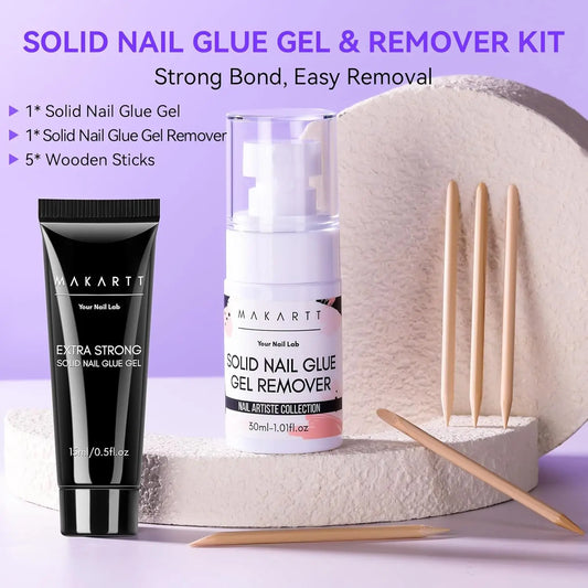 Solid Nail Glue with Glue Remover Kit: Super Strong Nail Glue Gel for Press on Nails