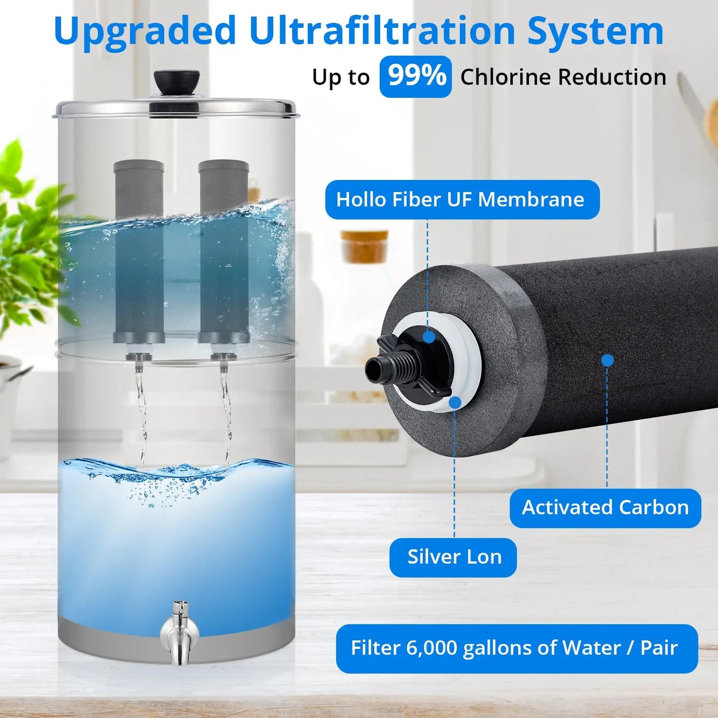 Water Filter System Stainless Steel with 2 Black Carbon Filters, Chlorine and Lead Reduction, 2.25Gallon