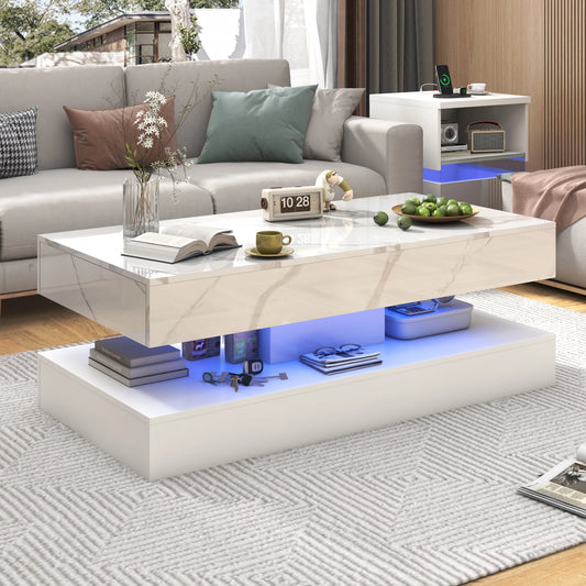 Coffee Table with LED lights, Double-Layer Design with 2 Storage Drawers