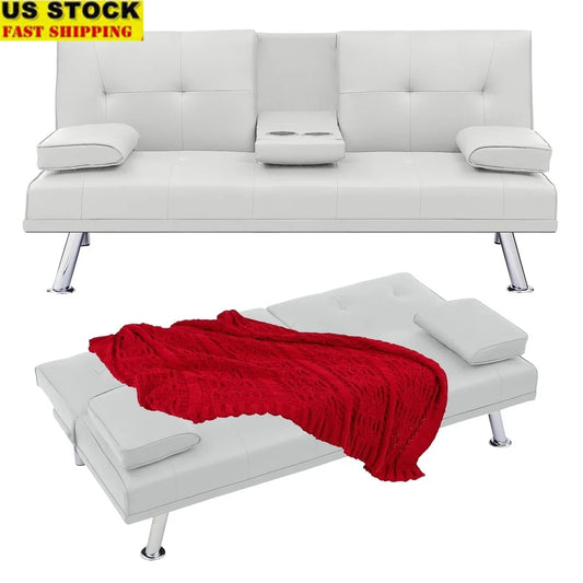 Convertible Leather Futon Sofa Bed. Comfortable Folding Couch Small Spaces