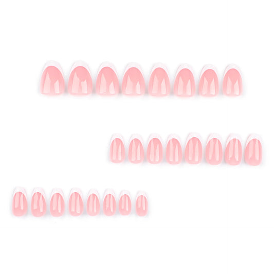 24pcs White French Fake Nails with Glue Simple Pink Press on Nails Short Oval Shape Reusable Acrylic Full Cover Nails Tips