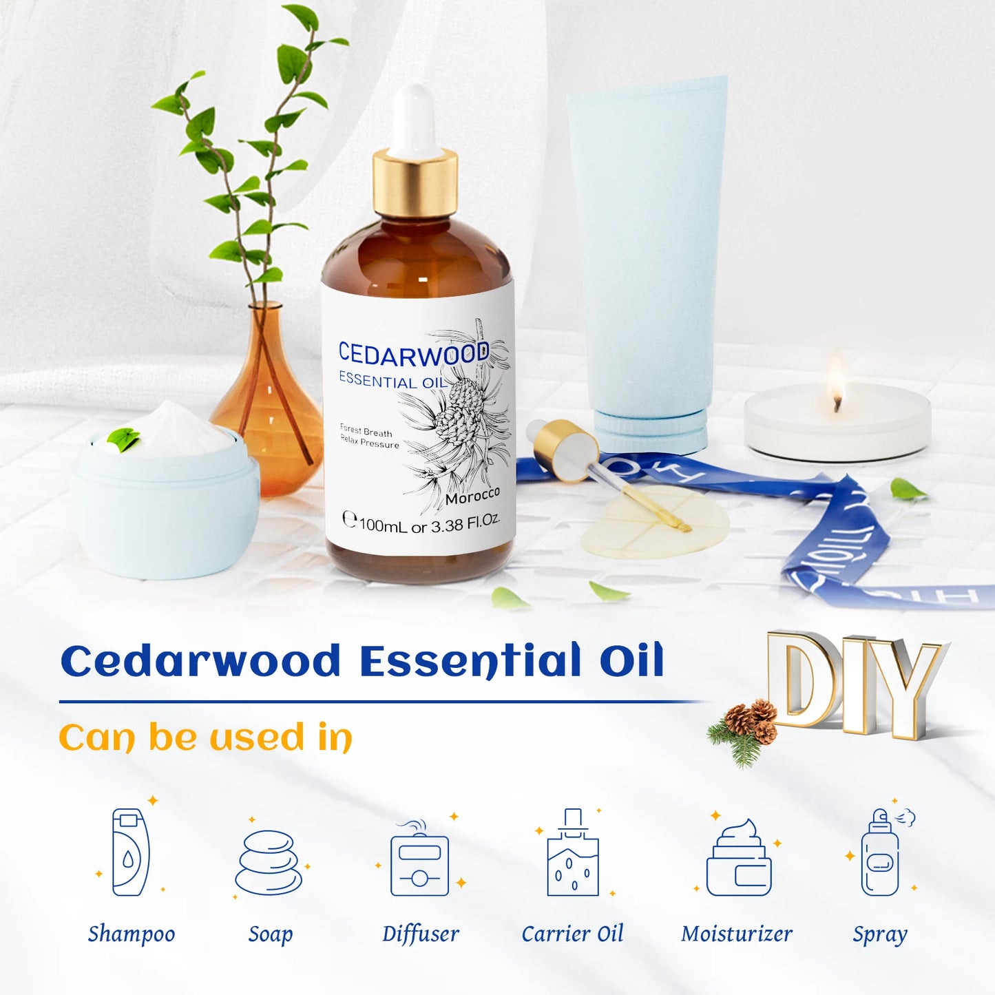 Cedarwood Essential Oil, Pure Essential Oil for Diffuser, Humidifier, Massage, Relaxing, Relieving Stress