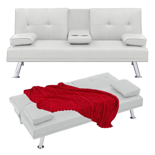 Convertible Leather Futon Sofa Bed. Comfortable Folding Couch Small Spaces