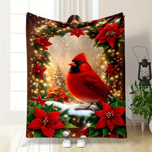 Reversible Flannel Throw Blanket, Christmas Tree & Red Bird Print, All-Season Cozy Polyester Bedding