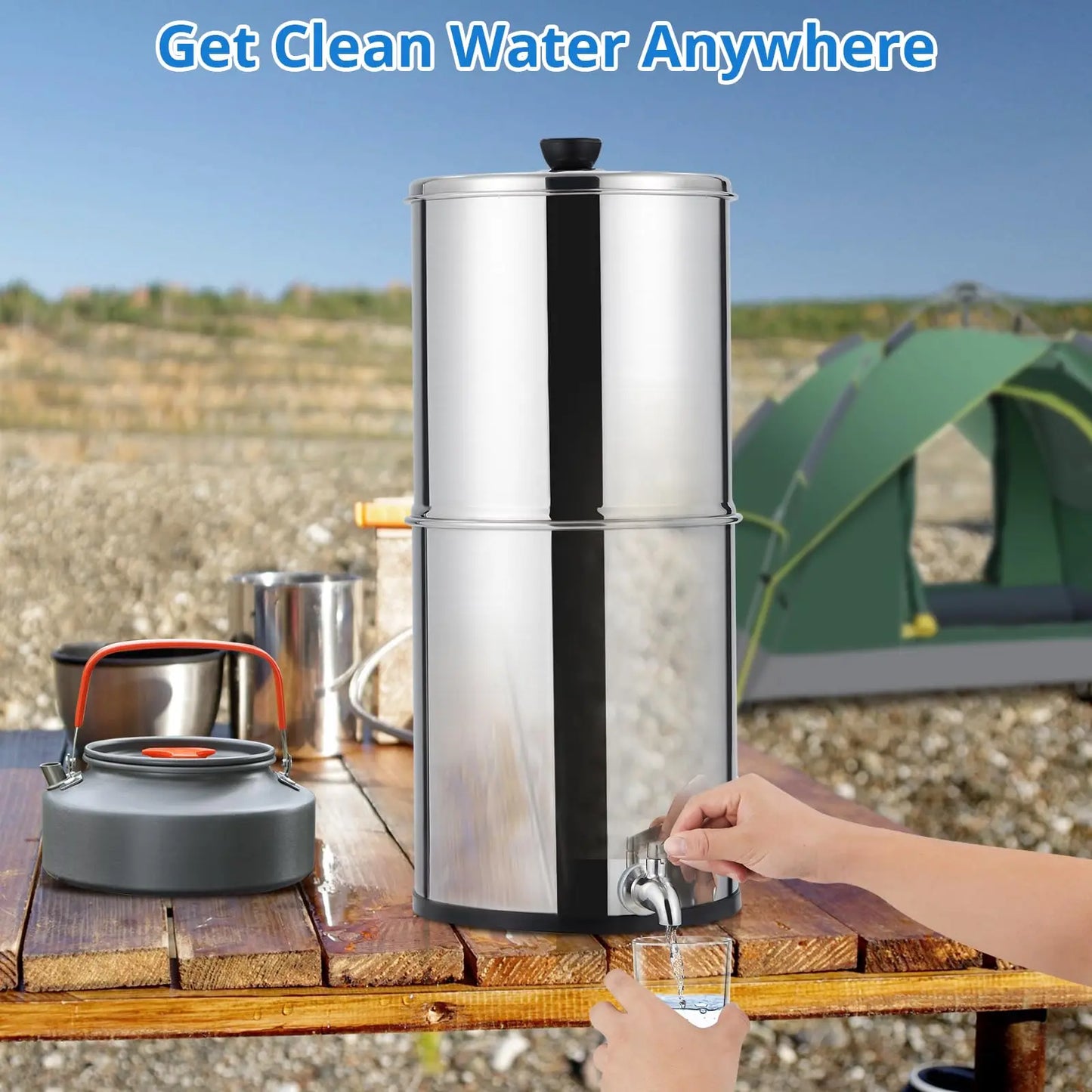 Water Filter System Stainless Steel with 2 Black Carbon Filters, Chlorine and Lead Reduction, 2.25Gallon